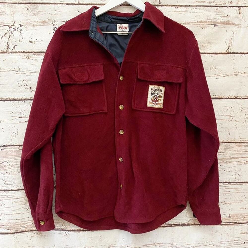 DISNEY STORE Vintage 90s Mickey Outdoors Fleece Button Up Shirt Maroon Small